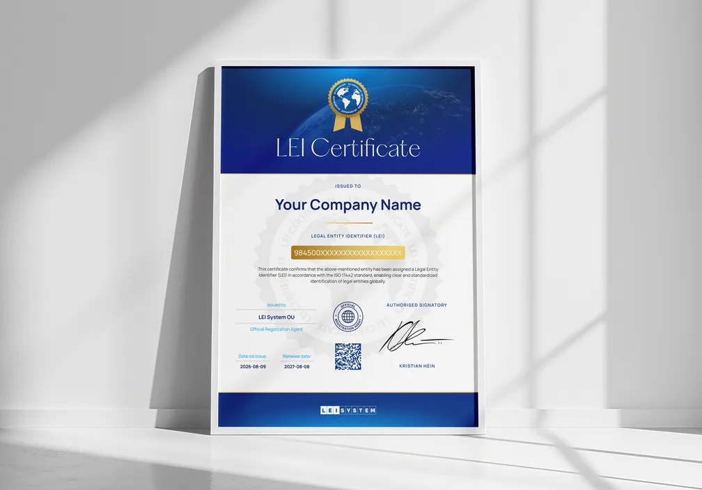 Et trykt LEI-certifikat