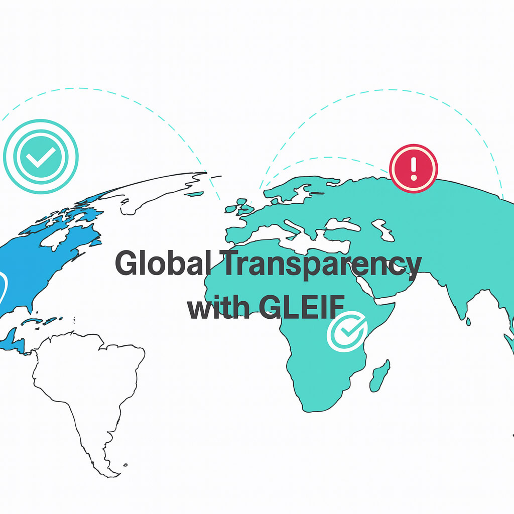 Verdenskortillustration, der viser globale forbindelser og teksten 'Global gennemsigtighed med GLEIF', som symboliserer finansiel gennemsigtighed og pålidelig enhedsidentifikation