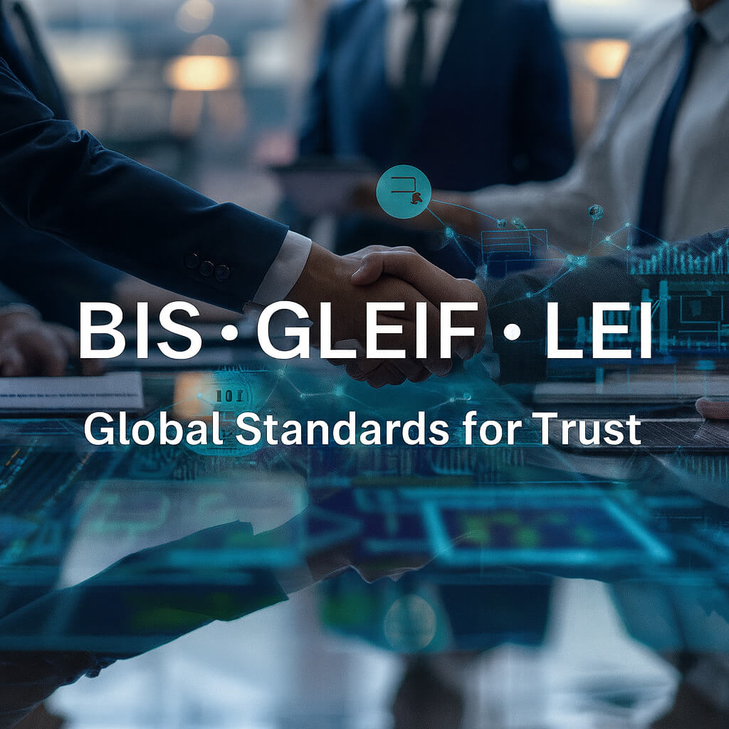 Håndtryk med digitalt netværksoverlay og teksten BIS • GLEIF • LEI – Globale standarder for tillid