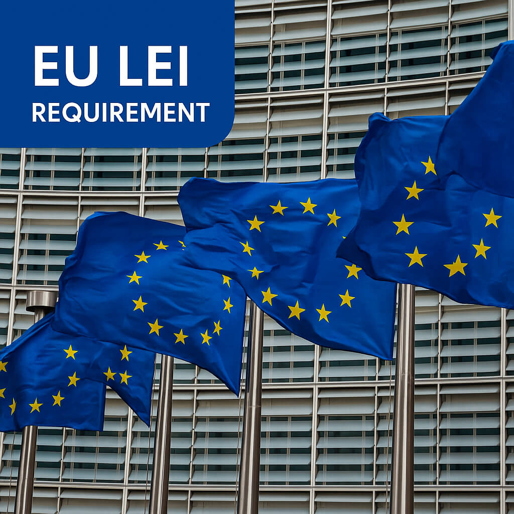 EU LEI-krav – Den Europæiske Unions flag foran Kommissionens bygning, der symboliserer Legal Entity Identifier-forpligtelser i EU