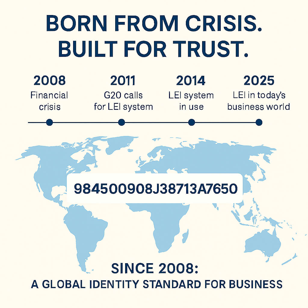 LEI-historie tidslinje – fra finanskrisen i 2008 til i dag, der viser Legal Entity Identifier som en global identitetsstandard for virksomheder