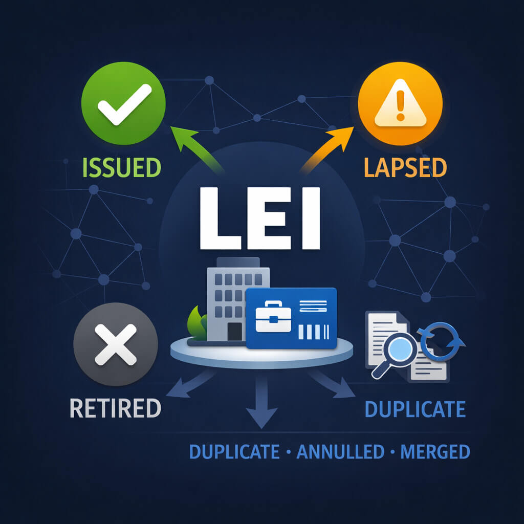 Artikel, der forklarer, hvorfor LEI-status er vigtig, herunder udstedt, udløbet, tilbagetrukket og undtagelsesstatusser i LEI-systemet